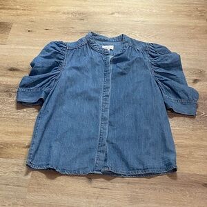 For The Republic Blue Denim Blouse with Puff Sleeves